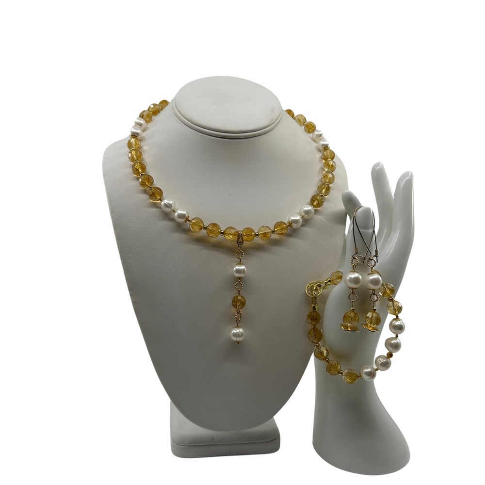 New Citrine & Pearls Set of Necklace, Bracelet and Earrings